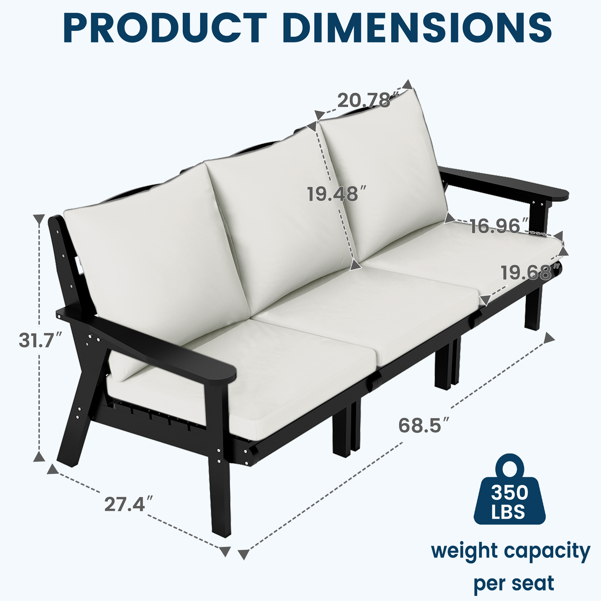 FOOWIN 7-Piece Patio Furniture Set, HDPE Outdoor Conversation Set with 5 Seating & Cushions, Perfect Patio Sofa Set for Garden, Porch, Backyard, Black Frame with Beige Cushion