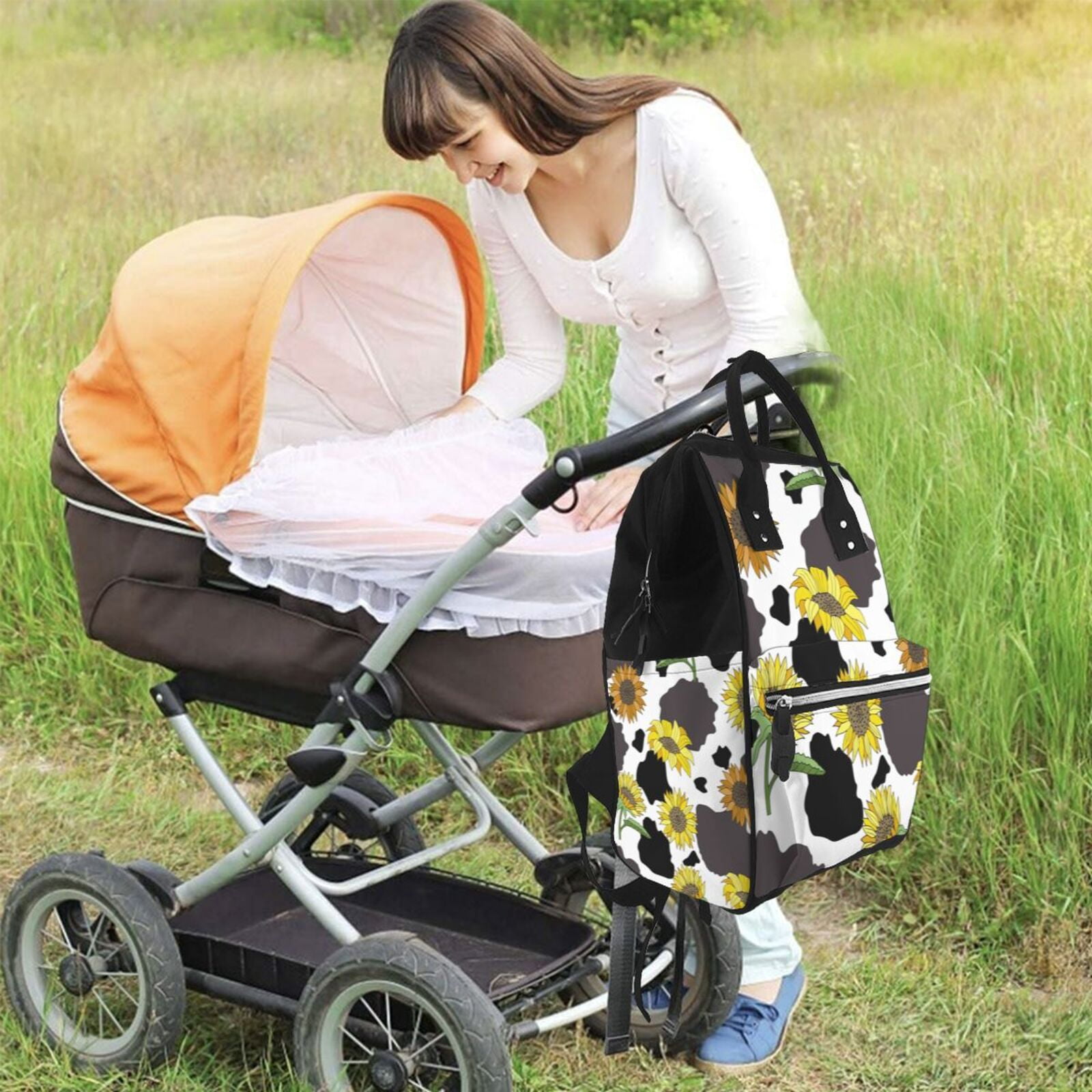 Fuzoiu Sunflowers Country Print Diaper Bag Backpack,Baby Essentials Travel Tote,Multi function Waterproof Diaper Bag, Travel Essentials Baby Bag - Unisex