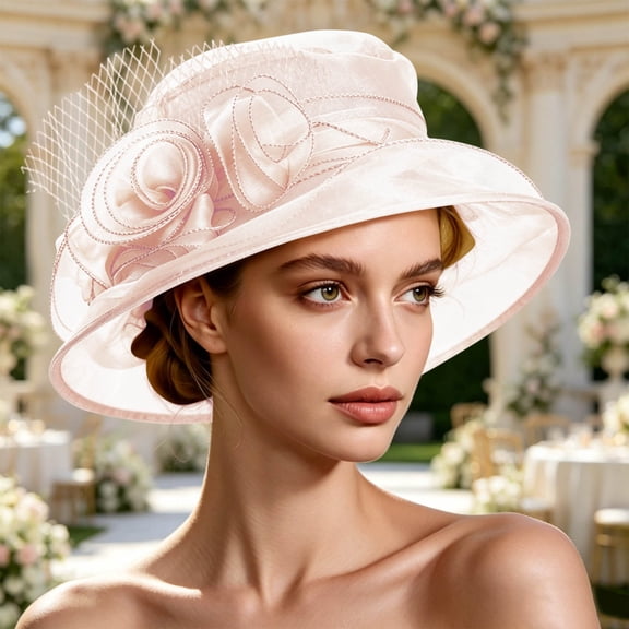 Karymi Derby Hats for Women Elegant Floral Organza Wide Brim Hat, Breathable Sun Protective Formal Dress Hat for Wedding Church Derby Hat