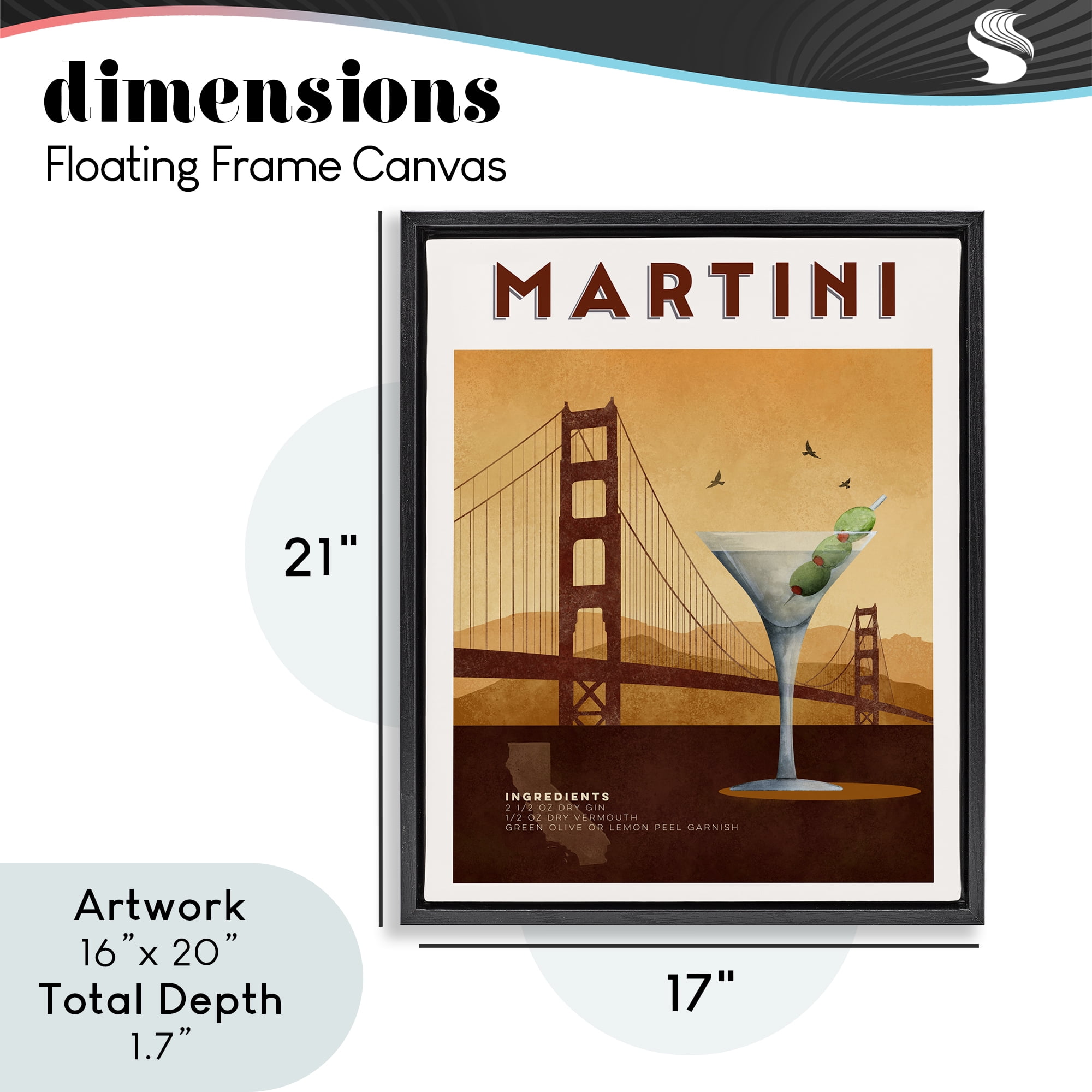 Retro Martini & Bridge View Black Framed Floater Canvas Wall Art, design by Brett Blumenthal
