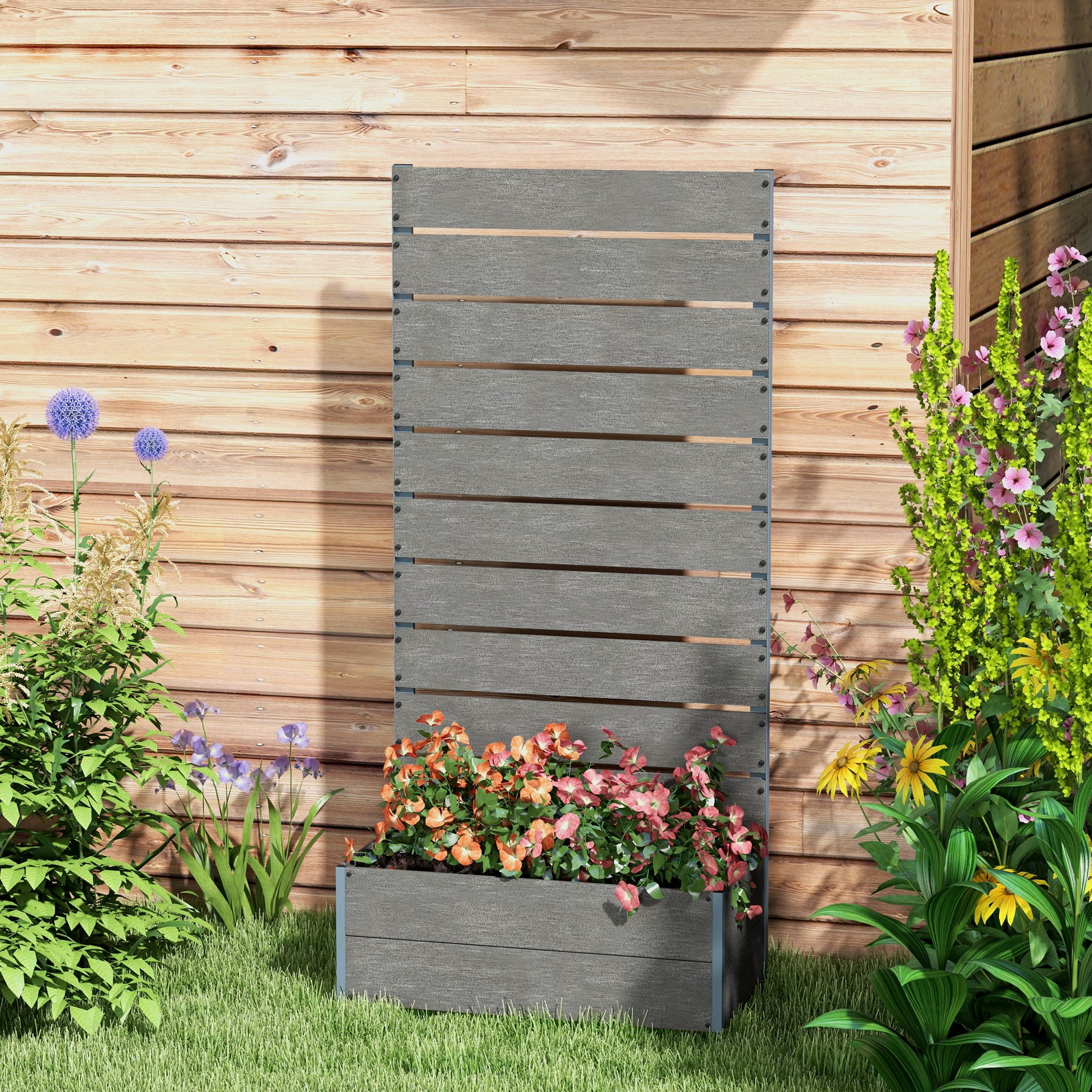 Raised Garden Bed with Trellis for Climbing Plants, Planter Box with Drainage Gap, Freestanding Trellis Planter for Outdoor, Patio, Deck, 28.25" x 15" x 59", Gray