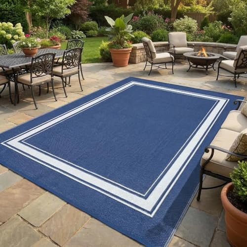 Outdoor Rug Waterproof 9x12 Plastic Straw Rug for Patio, Reversible Modern Bodered Camping Mat with Bag & Stakes, UV Resistant & Easy to Clean Carpet for RV, Deck, Balcony, Porch, Navy