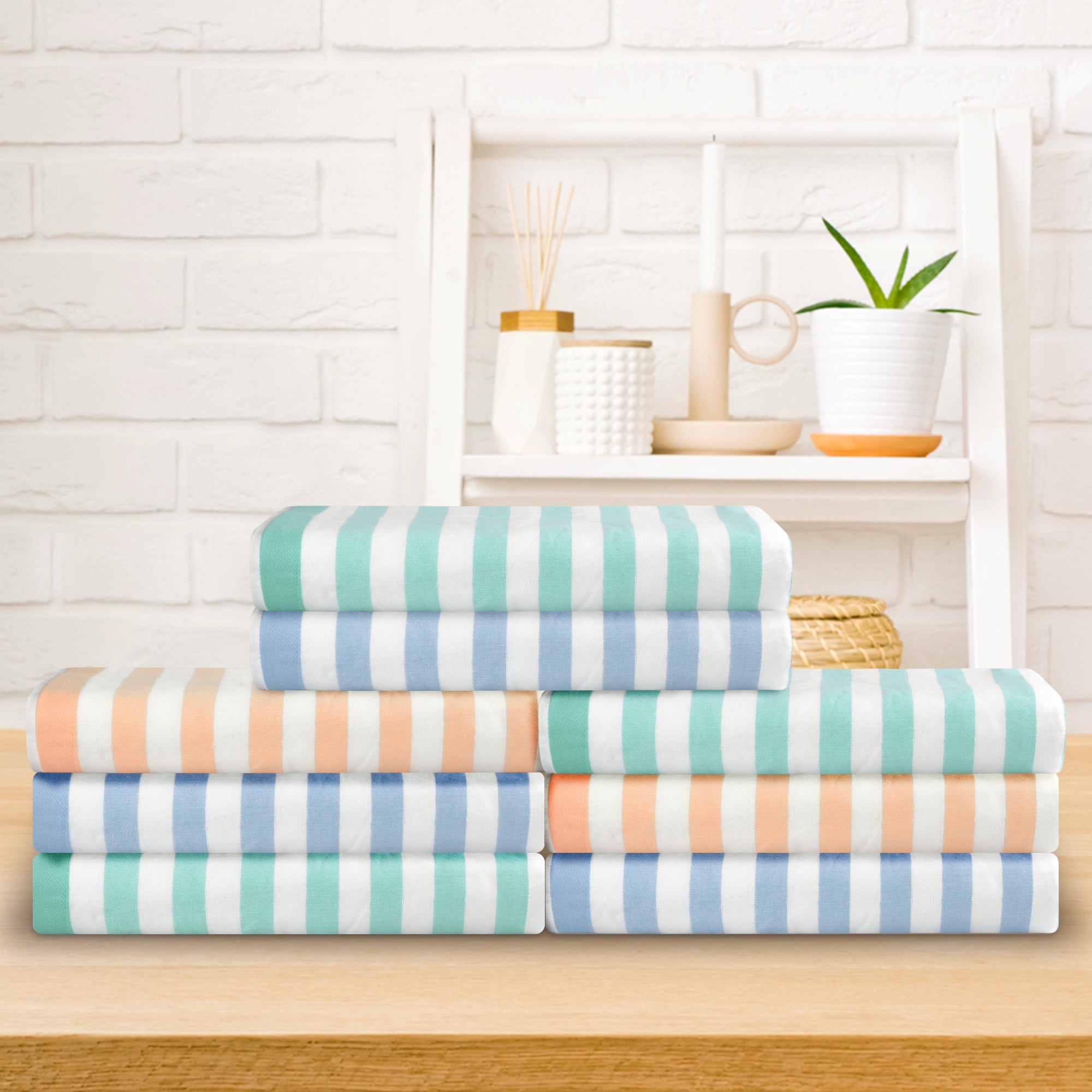 Unique Bargains Stripe 2 Pack Bath Towels Set Cotton Lightweight Towels for Bathroom Green 28" x 56"