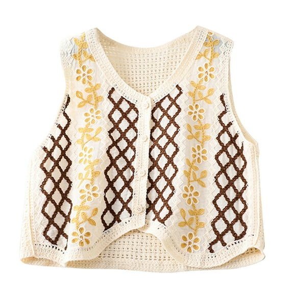 Yoetaun Women Vintage Hollow-Out Crochet Knit Sleeveless Vest Waistcoat Button Up Floral Loose Crop Cardigan Top Apricot Yellow