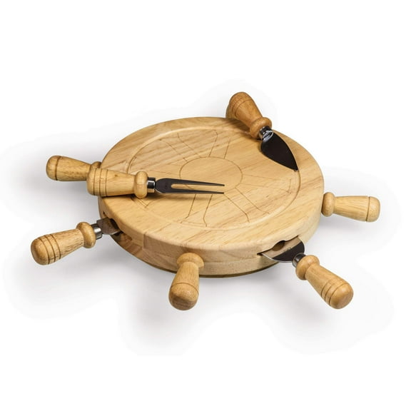 Toscana Mariner Lazy Susan Round Cheese Board Set with 4 Stainless Steel Tools, Charcuterie & Serving Platter, Parawood