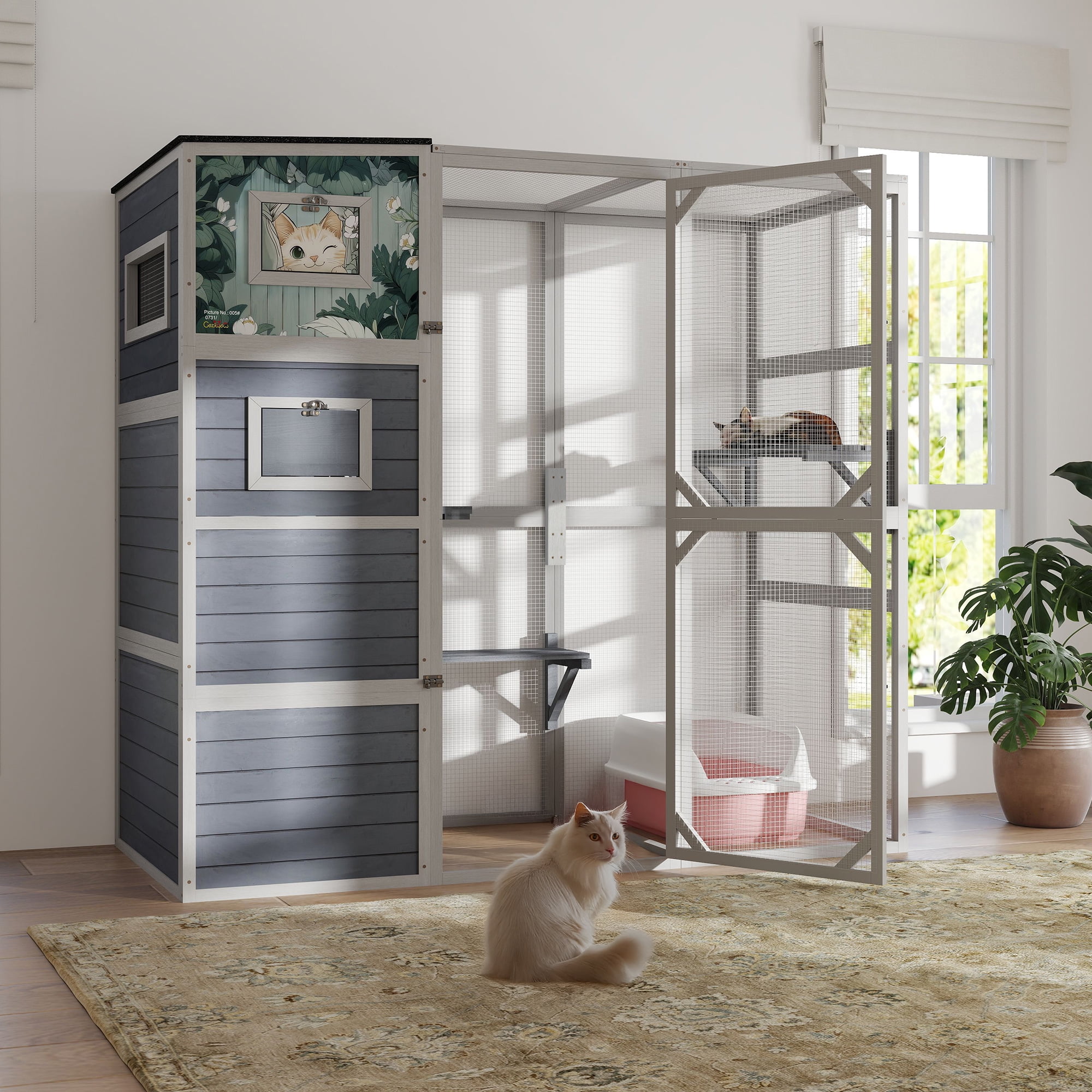 COZIWOW Wood  Cat House Catio Outdoor Enclosure, 2 Resting Condos, 2 Platforms, 4-Tier Cat Play Cage, Gray with Pattern