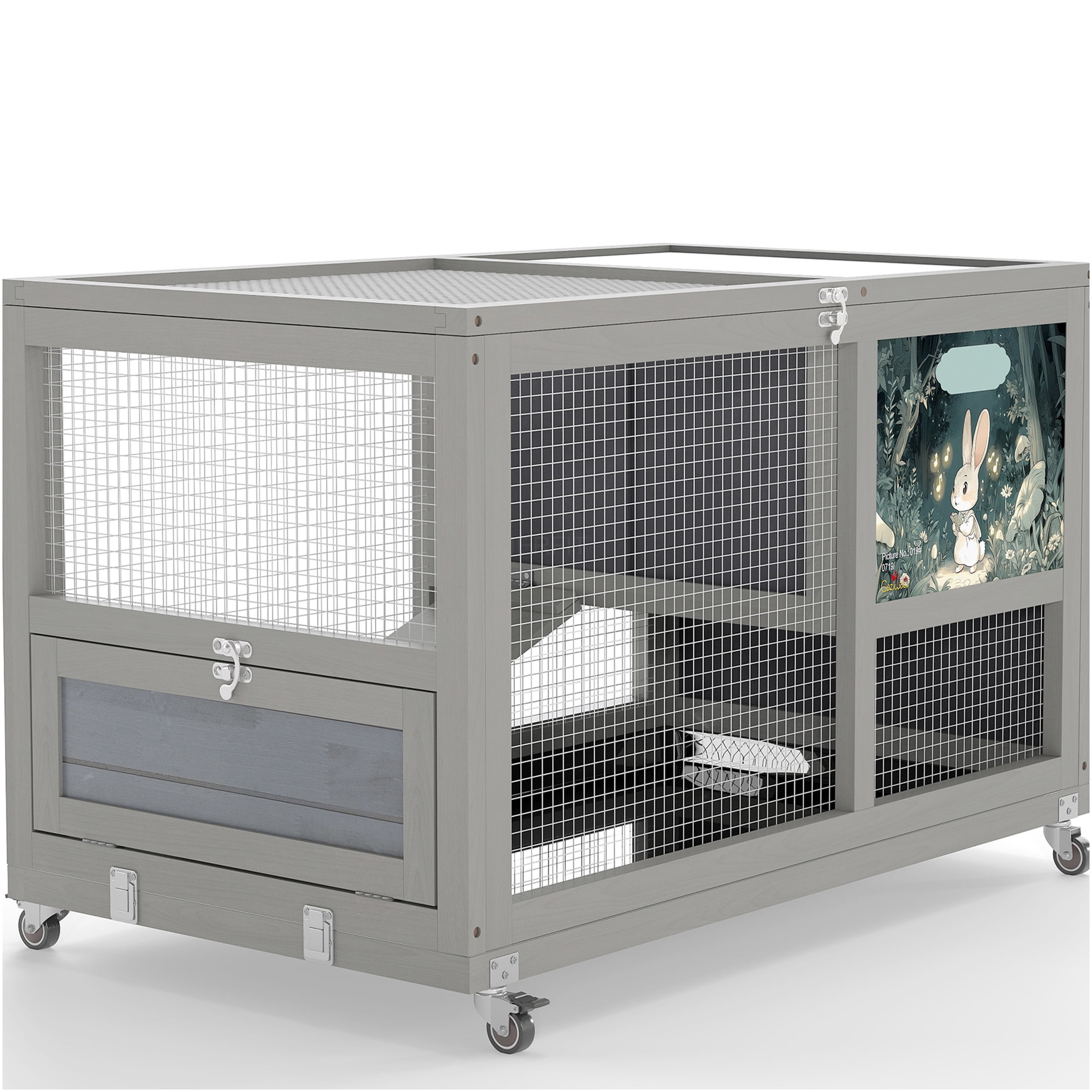 JERFIT 2-Story Rabbit Hutch with Wheels, Outdoor Indoor Wooden Bunny Cage with Removable Tray, Openable Roof & Ramp, Chew-Proof Gray Pet House for Rabbits, Guinea Pigs, Small Animals
