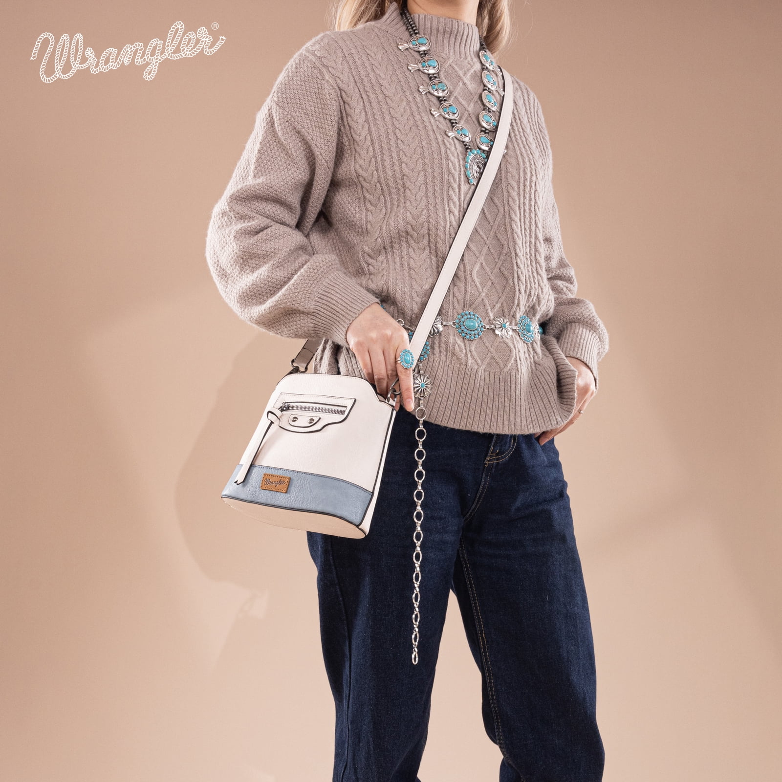 Wrangler Small Crossbody Bags for Women Shoulder Cute Purses and Handbags with Adjustable Strap, Beige-Jean