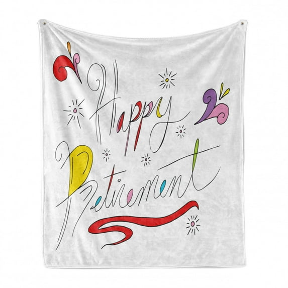 Retirement Party Soft Flannel Fleece Blanket, Colorful Hand-Drawn Doodle Happy Retirement Inscription with Floral Motifs, Cozy Plush for Indoor and Outdoor Use, 60" x 80", Multicolor, by Ambesonne
