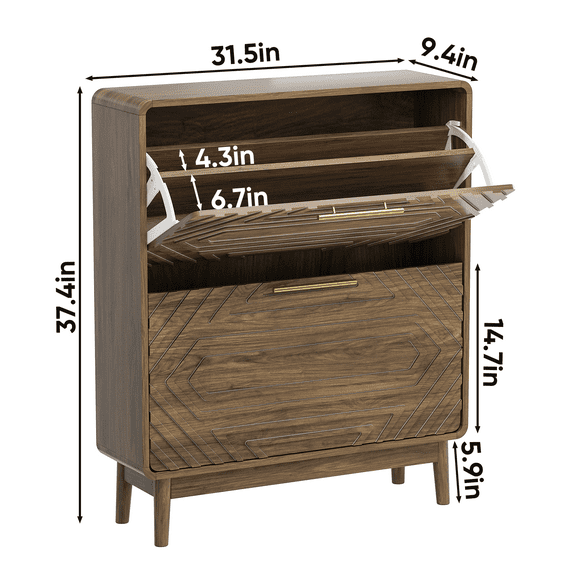 Living Room Cabinets 31.5" Walnut Shoe Cabinet, Mid-Century Modern Freestanding Shoe Cabinet, Freestanding Organizer with 2 Flip-Top Drawers, Suitable for Entry, Hallway and Foyer,Primary Living Spac