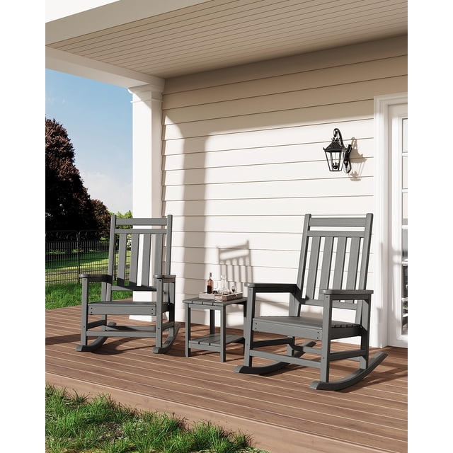 3 Piece Patio Rocking Chair Set, Outdoor Conversation Set w/ 2 Rockers & 1 Coffee Table, Eucalyptus HDPE Rocking Bistro Set for Backyard Porch Poolside Lawn