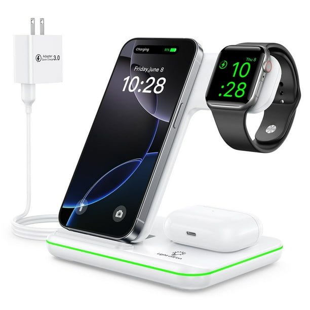 Cargador Inalámbrico WAITIEE Blanco Rápido 3 en 1 para Apple iWatch y AirPods Pro Compatible con iPh