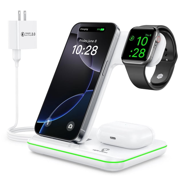 Cargador Inalámbrico WAITIEE Blanco Rápido 3 en 1 para Apple iWatch y AirPods Pro Compatible con iPh