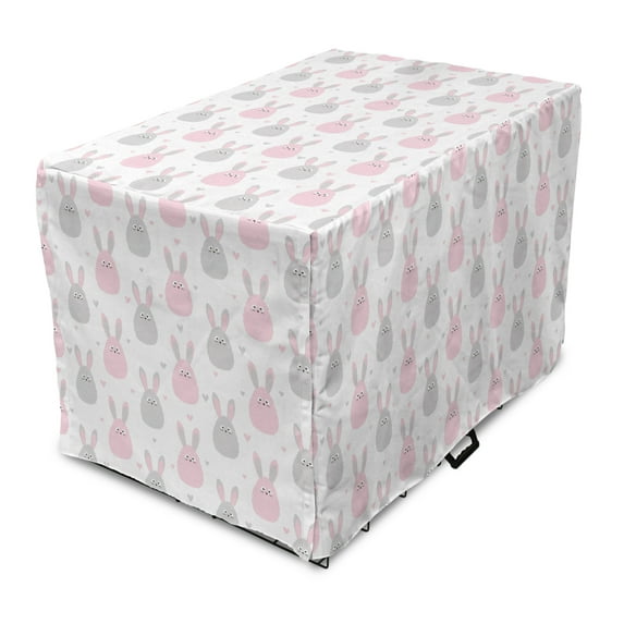 Bunny Dog Crate Cover, Bicolour Pattern of Cartoon Fluffy Rabbits and Minimal Hearts, Easy to Use Pet Kennel Cover Small Dogs Puppies Kittens, 7 Sizes, Pale Pink Pale Grey, by Ambesonne