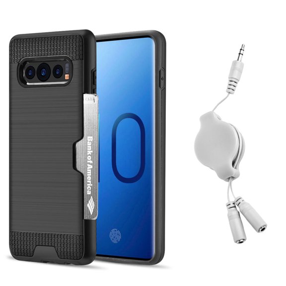Luxury Dual Layer Hybrid Wallet Case for Galaxy S10 (Black) w/ Credit Card ID Slot Holder & Retractable 3.5mm Headphone Splitter Cable - Lightweight, Button Covers, Shock Absorption, Raised Lip Guard