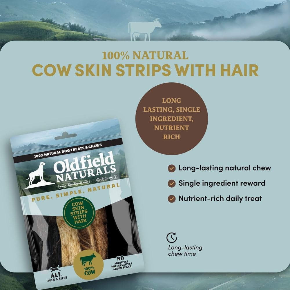 Oldfield Naturals Cow Skin Strips with Hair Dog Treats, Air Dried Beef Dog Treats, Single Ingredient High Protein Collagen Chews for Dogs, Long Lasting Natural Dog Chews, 4 lb 4 oz