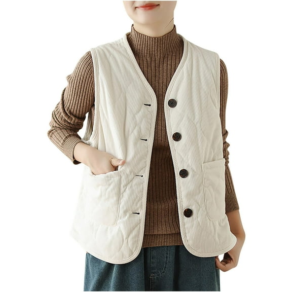 Drses Womens Corduroy Puffer Vest Stand Collar Zip Snap Button Sleeveless Warm Waistcoat Padded Gilet