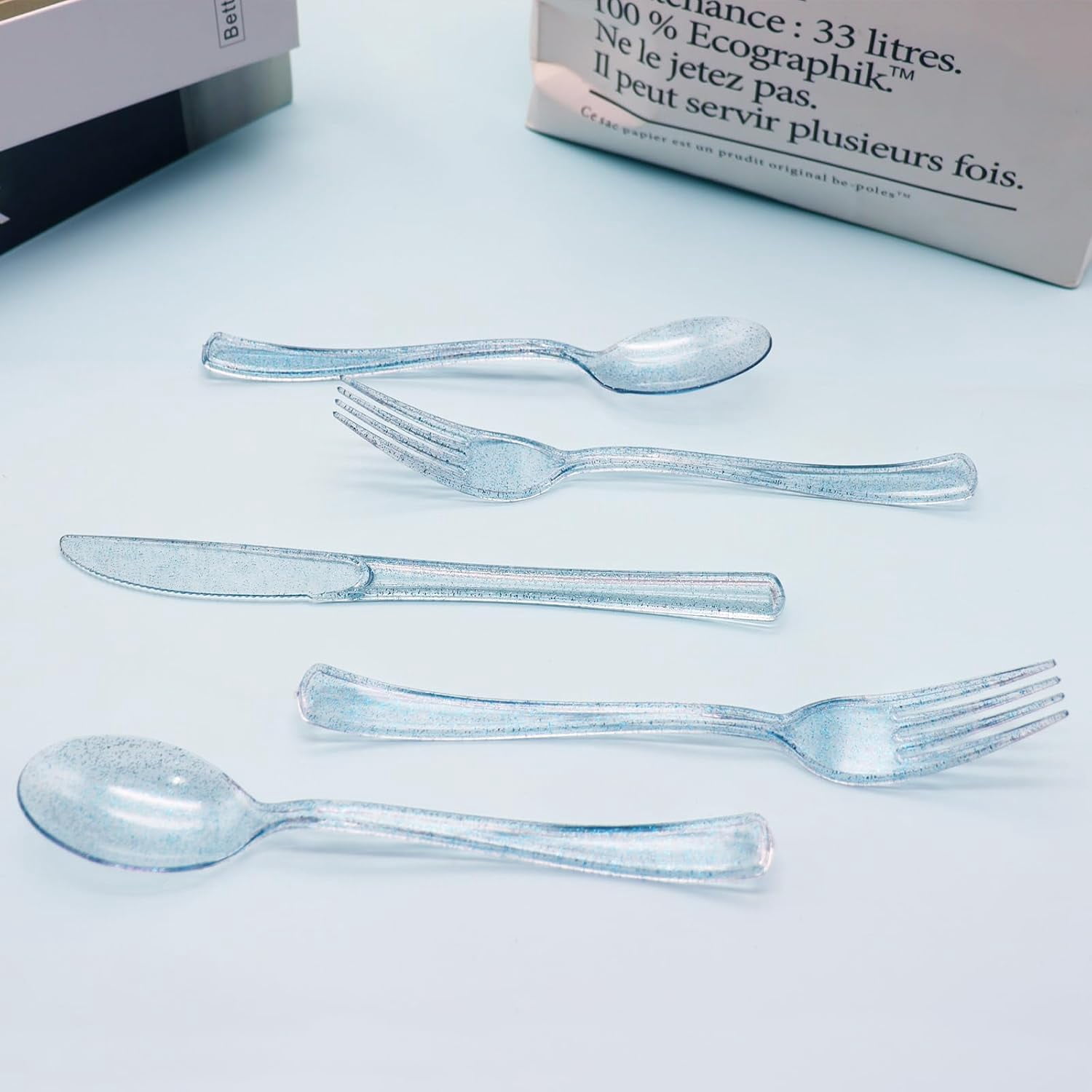 150 Pack Blue Plastic Silverware, Blue Glitter Silverware Plastic Utensils Set Includes 50 Forks, 50 Knives, 50 Spoons for Brithday, Baby Shower, Picnic