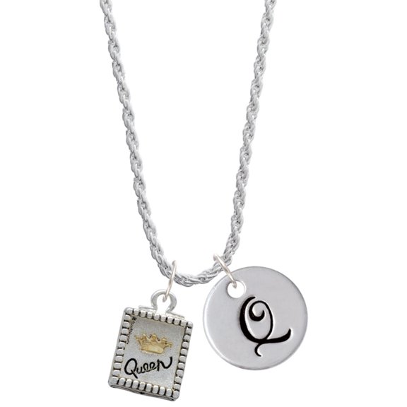Delight Jewelry Shadow Box ''Queen'' with Goldtone Crown Silvertone Script Initial Disc - Q - Charm Necklace, 20"+3"