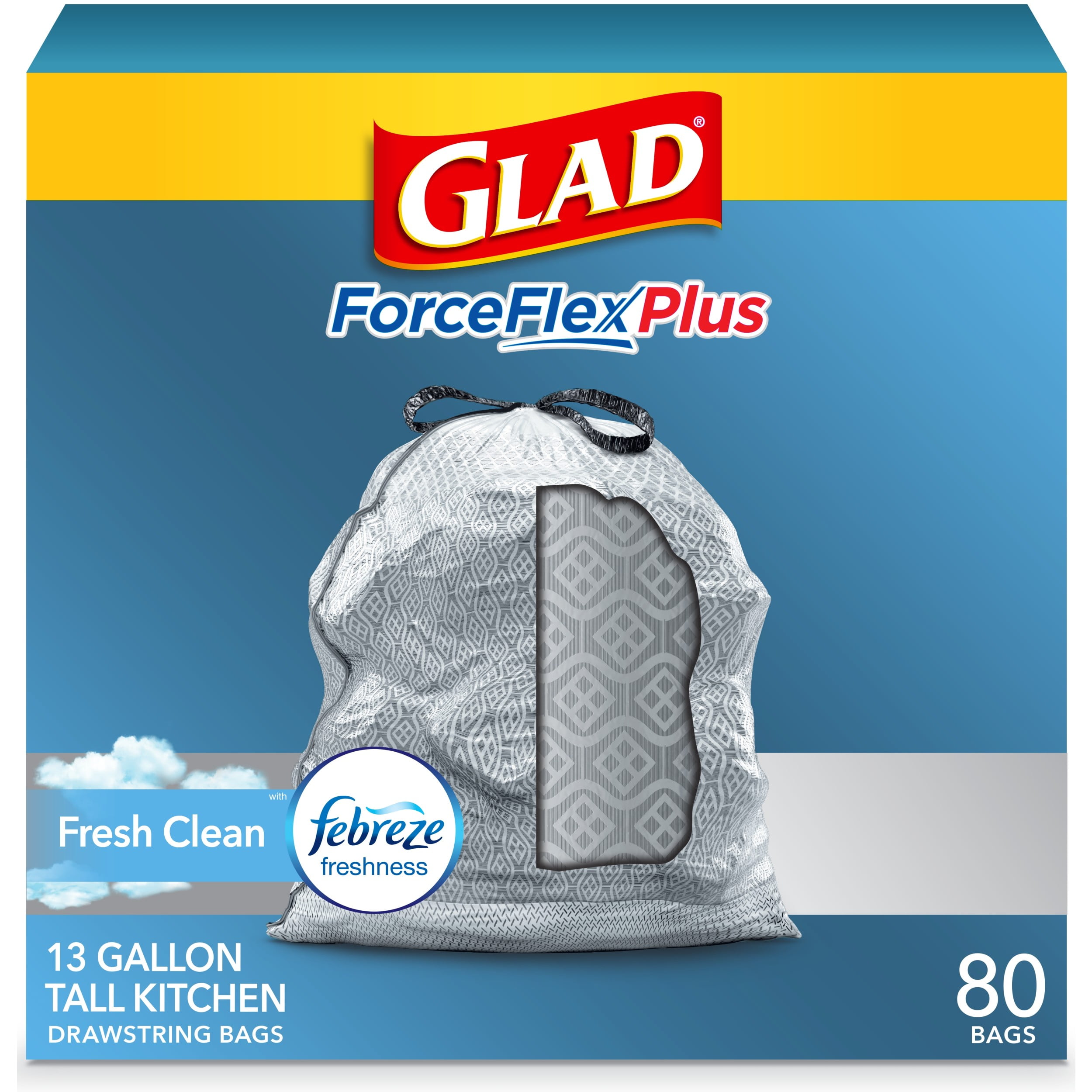 Glad ForceFlexPlus Tall Kitchen Trash Bags, 13 Gallon, 80 Bags (Fresh
