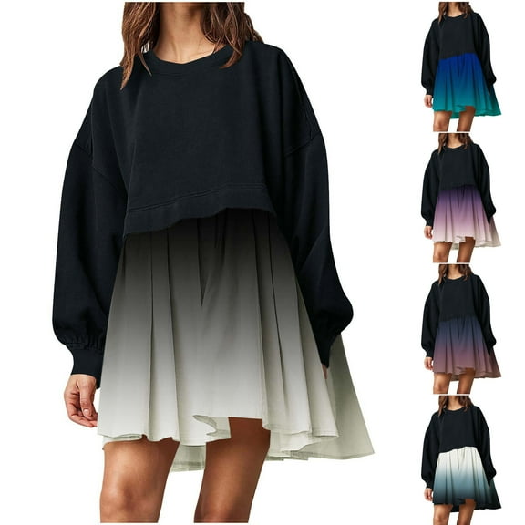 Utoimkio Women's Oversized Sweatshirt Dress Patchwork Crewneck Long Sleeve Pullover Tops Flowy Pleated Sweatshirt Mini Dress S-XXL