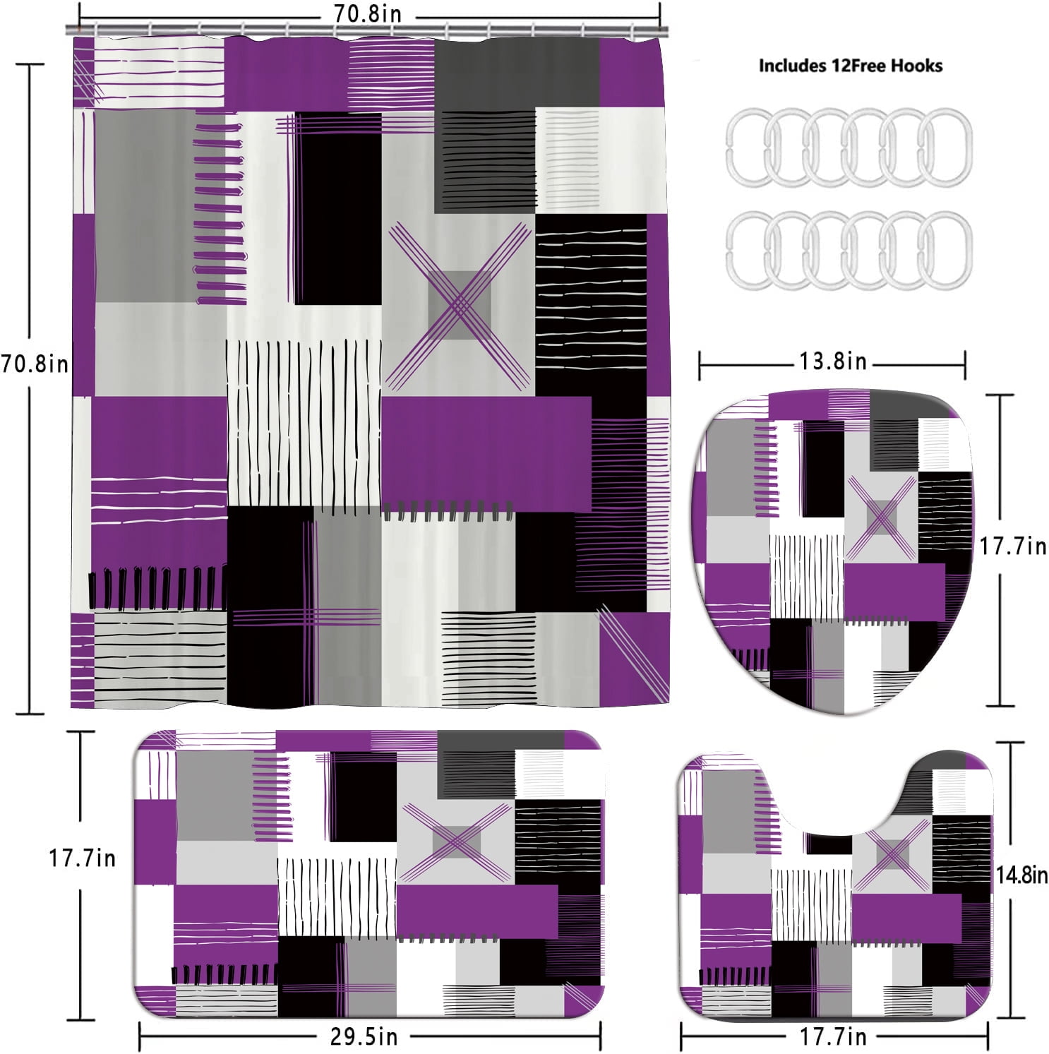 All Smiles 4-Piece Bathroom Sets Shower Curtain Set with Non-Slip Rug and Toilet Lid Cover,Purple