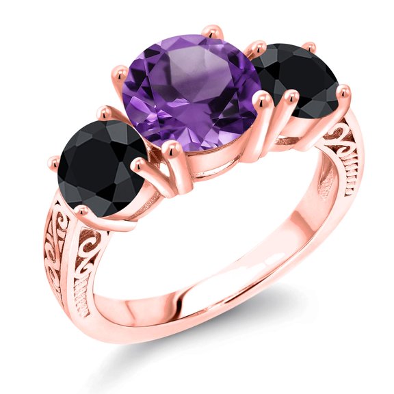 Gem Stone King 18K Rose Gold Plated Silver Purple Amethyst and Black Sapphire Engagement Ring for Women | 4.00 Cttw | Round 8MM | Gemstone February Birthstone | Size 7