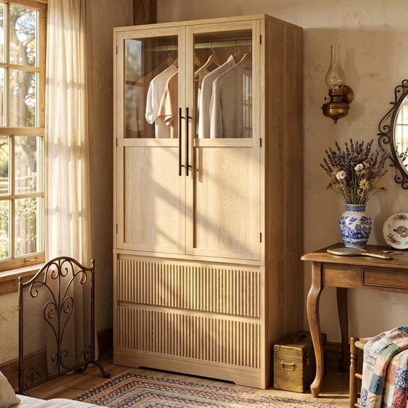 66" Armoire Wardrobe Closet with 2 Drawers and Hanging Rod, Modern Farmhouse Bedroom Clothing Storage Cabinet