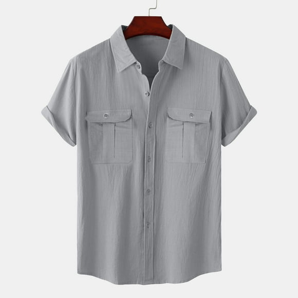 breaise Linen Shirts for Men Short Sleeve Cotton Linen Shirt Casual Button Down Shirts Summer Beach Hawaiian Shirts Gray M Fashion deals