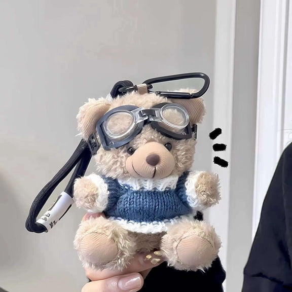 Creativity Pilot Mini Teddy Bear Plush Keychain with Clothes & Sunglasses – Cute Cartoon Bear Bag Charm, Car Pendant Key Ring for Kids & Gifts