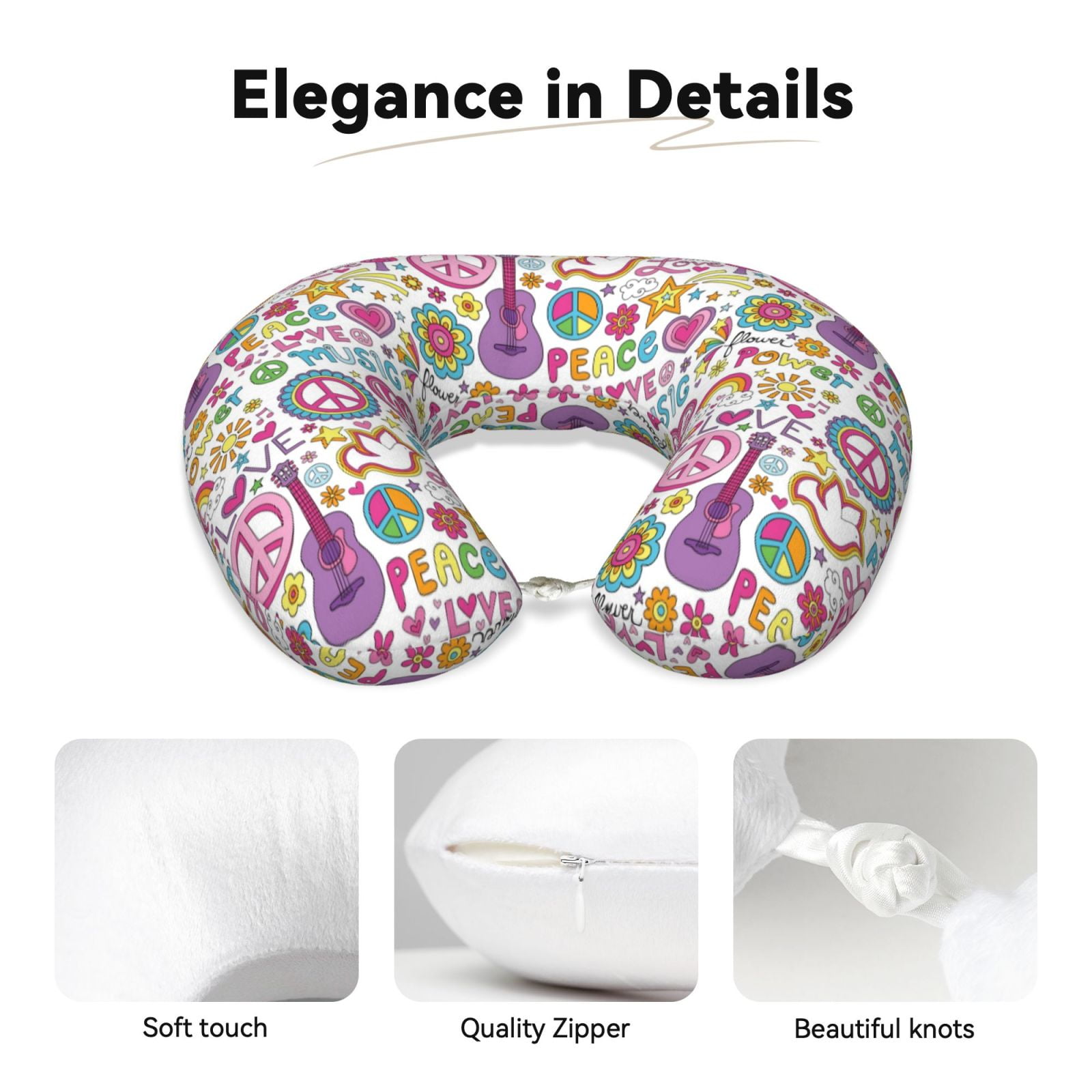 Xecao Peace Love and Dove Flower Power Print Memory Foam Cervical Neck Pillow Versatile U-Shaped Pillows for Home,Office,Camping,Travelling,Soft Washable Cover
