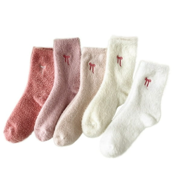 Fuzzy Socks for Women 5 Pairs Fluffy  Bow Socks Pink Series （One Size）