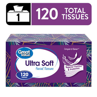 Great Value Ultra Soft Facial Tissues, 1 Flat Carton, 120 Tissues per Flat, 3-Ply