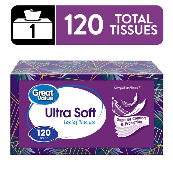 Great Value Ultra Soft Facial Tissues, 1 Flat Carton, 120 Tissues per Flat, 3-Ply, Compare to Kleenex®