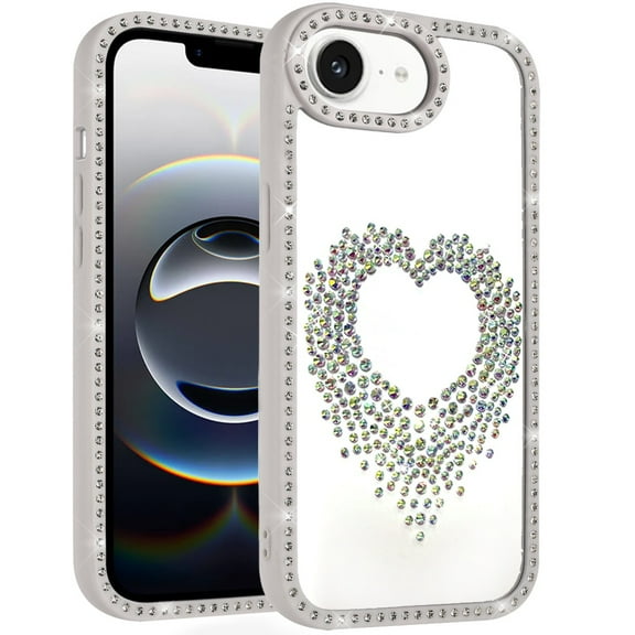 For iPhone 17E / 16E / SE4 Beautiful ANGEL Hearts Glitter Shimmer Diamond Edged Hybrid Case - Beige