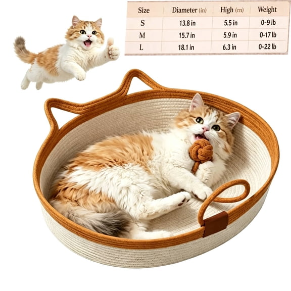 Interactive Cat Bed Basket Handwoven Cotton Rope Stimulicat Cat Basket with Toy Ball, Foldable Cat Nest and Scratch Basket for Indoor Cats and Kittens(S)