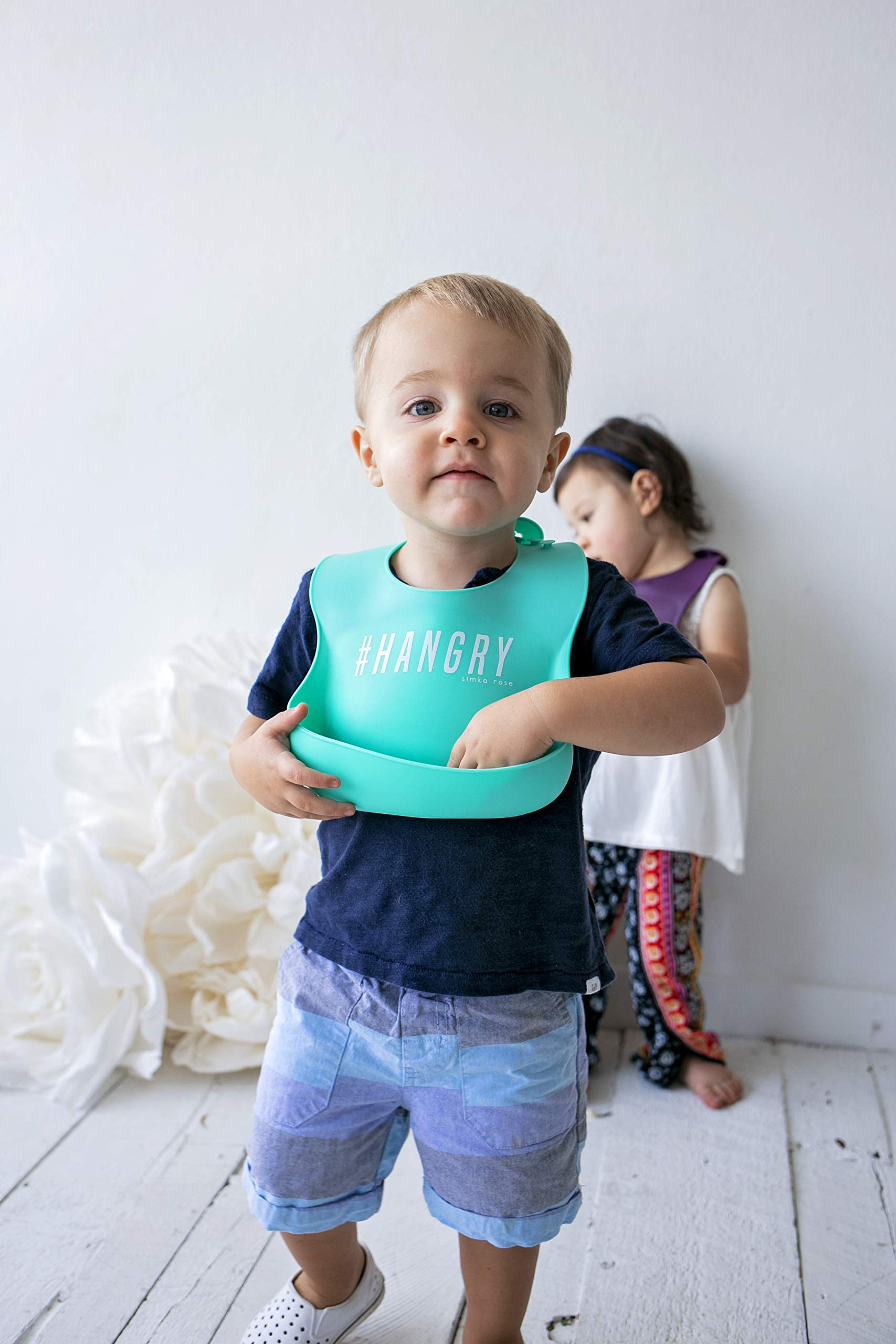 Simka Rose Silicone Baby Bibs with Food Catcher, Waterproof Adjustable Toddler Bib Set(Black/Teal)