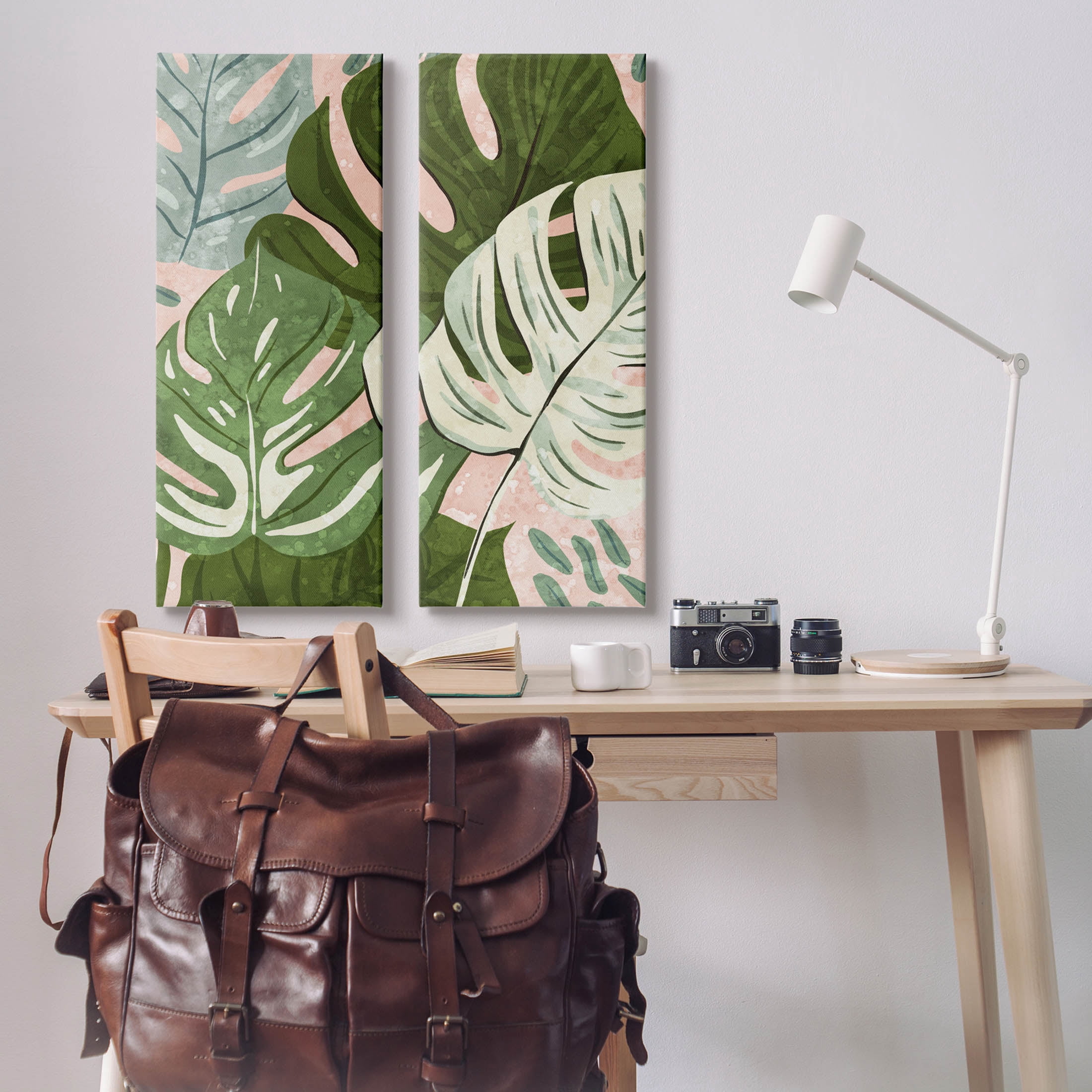 Modern Layered Monstera Leaves Botanical & Floral Graphic Art Gallery Wrapped Canvas Print Wall Art, Set of 2
