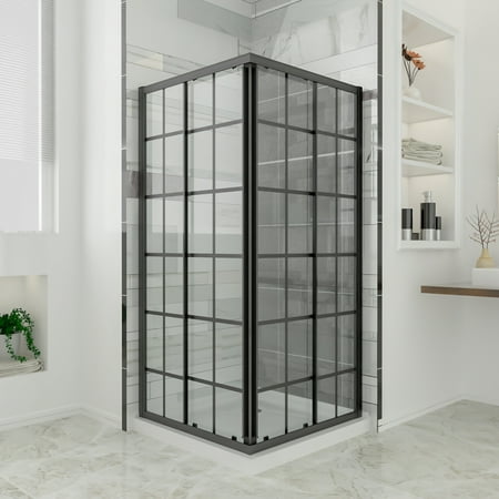 SUNNY SHOWERS Double Sliding Opening Shower Doors with Base, 1/4'' Clear Glass Elegant Showers Enclosure 36''D x 36''W x 72''H, 2 Stationary Clear Glass Panels Shower Door, Black Silk Screen (Best Glass Shower Enclosures)