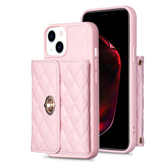 for iPhone 14 Case, Elegant Wallet with Card Holder for Women PU Leather Case with Kickstand with Shoulder Strap Anti-shock Protective Phone Case for iPhone 14, Pink