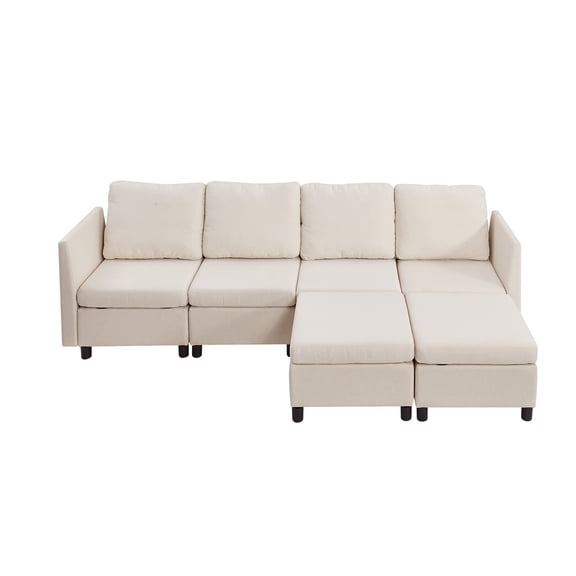 KFFKFF 4-Seater Modular Sofa with Hidden Storage, Upholstered Sectional Couch with Ottoman, High-Density Sponge, and Sturdy Wooden Frame for Living Room or Bedroom, Beige