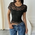 thumbnail image 4 of Aloohaidyvio Womens Crew Neck Lace Slim Fitted Tops Short Sleeve Casual Sexy Summer Cropped T Shirts, 4 of 7