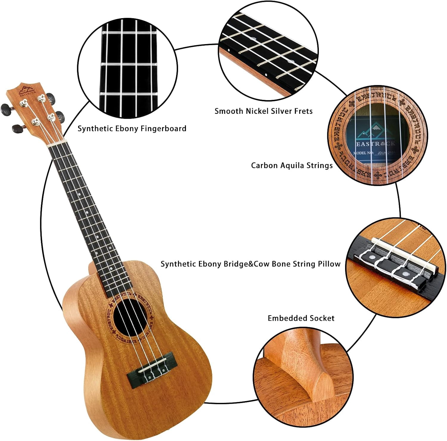 EASTROCK Mahogany Soprano Ukulele Beginner Kit 23 inch Solid Wood with Arched Back & Aquila Strings & Gig Bag