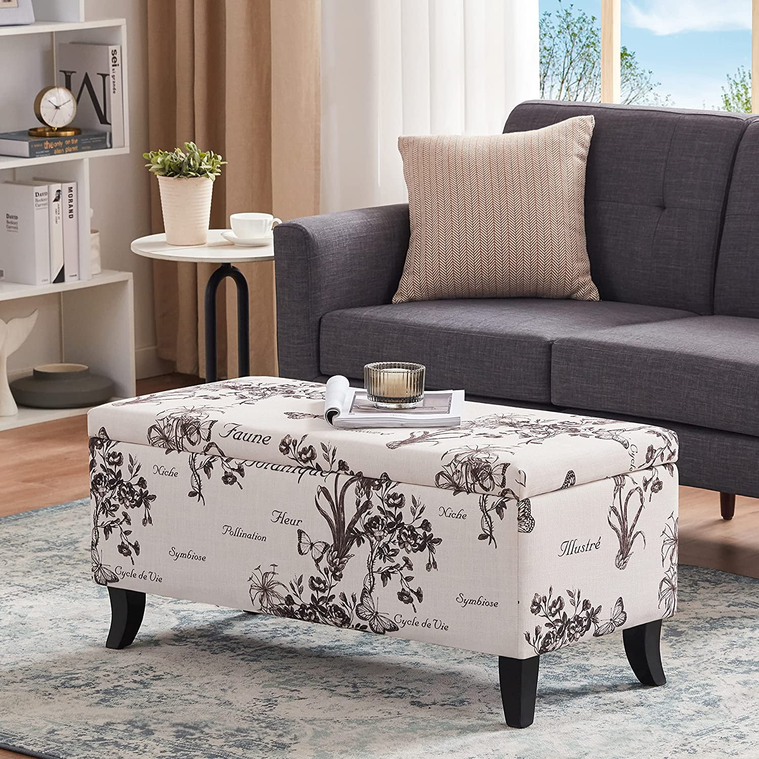 HUIMO Storage Ottoman Bench, 35" Script Printed Linen Upholstered