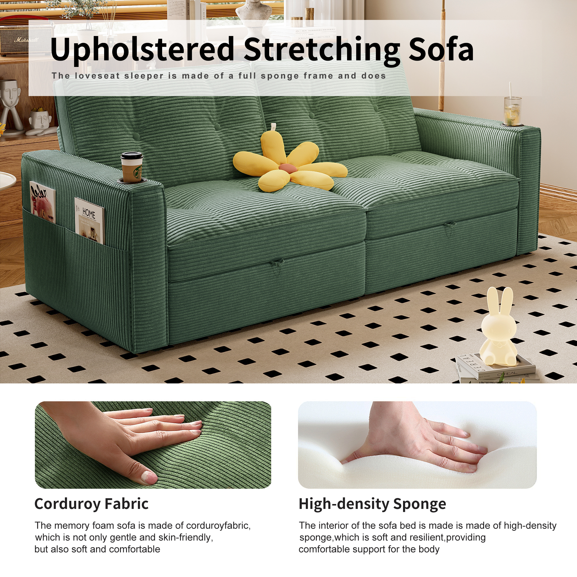 73.2'' Sleeper Sofa Bed Full, Corduroy Pull Out Couch, Modern L Shaped Convertible Sofa, Futon Couches, Comfy Loveseat, Adjustable Backrest & Side Pockets, for Small Space, Living Room, Green