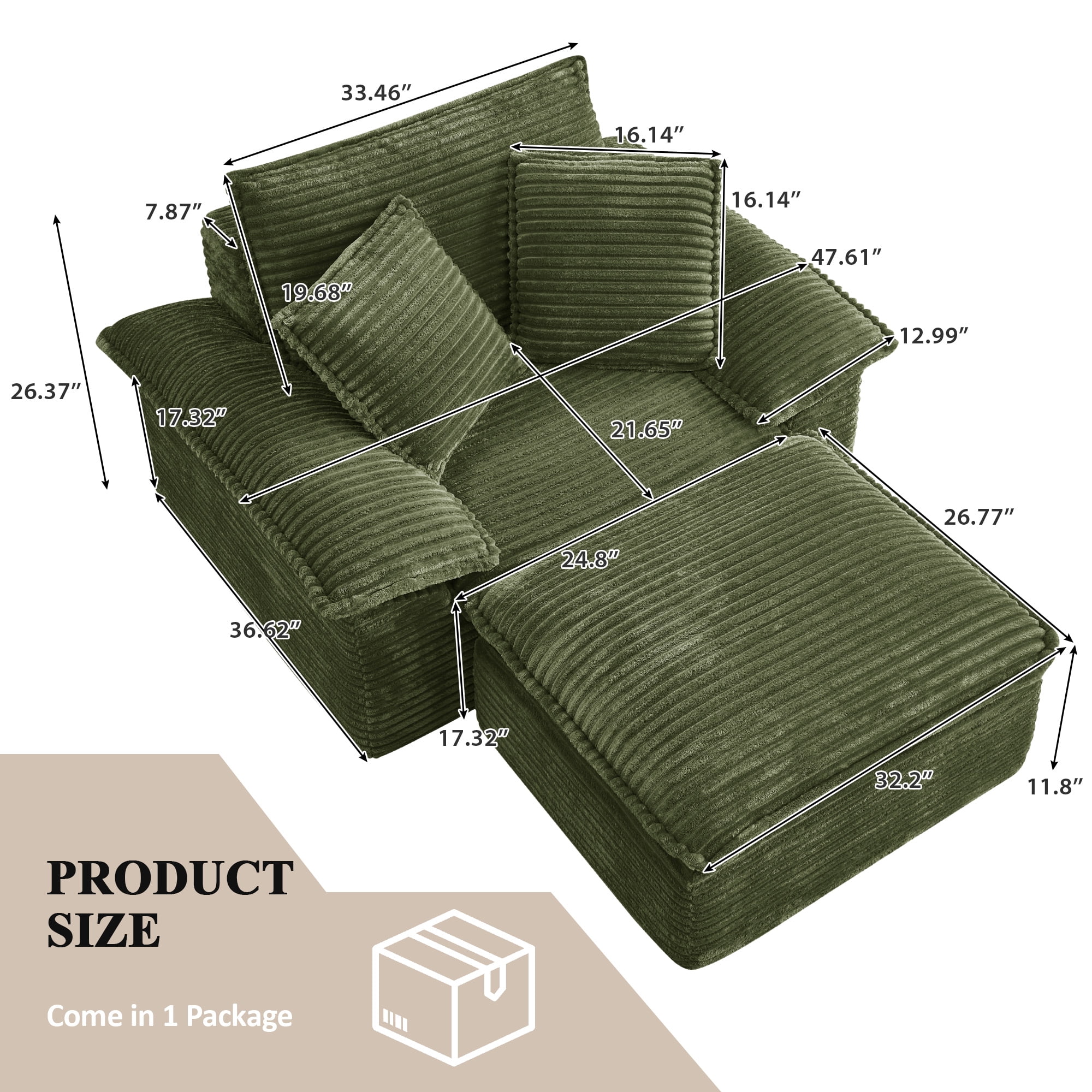 Aukfa 63.5" Oversized Chaise Lounge Sofa with Movable 2-Layer Ottoman, Deep Seat Boneless Couch, Corduroy Lounge Chair, Green