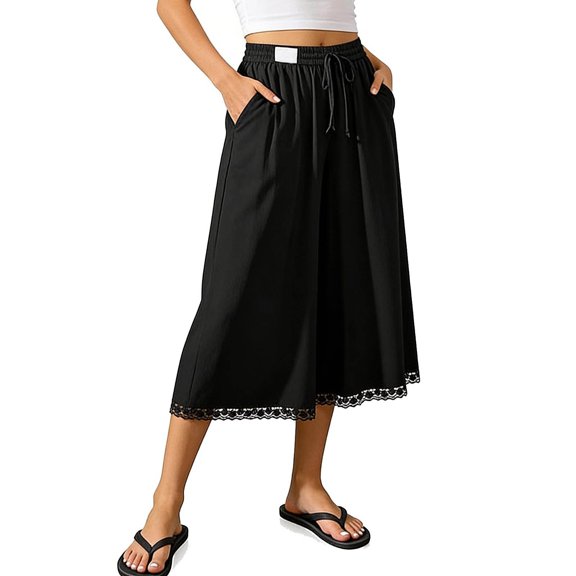 KIHOUT Women High Waisted Wide Leg Capri Pants Elastic Waist Drawstring Lace Trim Casual Cropped Trousers with Pockets Summer Beach Pants