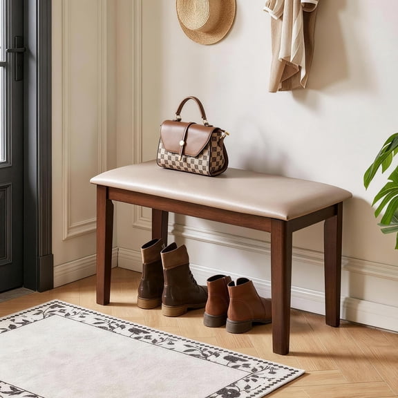 Solid Wood Bench, Farmhouse Upholstered Stool with Tech Fabric Cushion, Heavy Duty Seating for Dining Room, Entryway, Bedroom, Gray