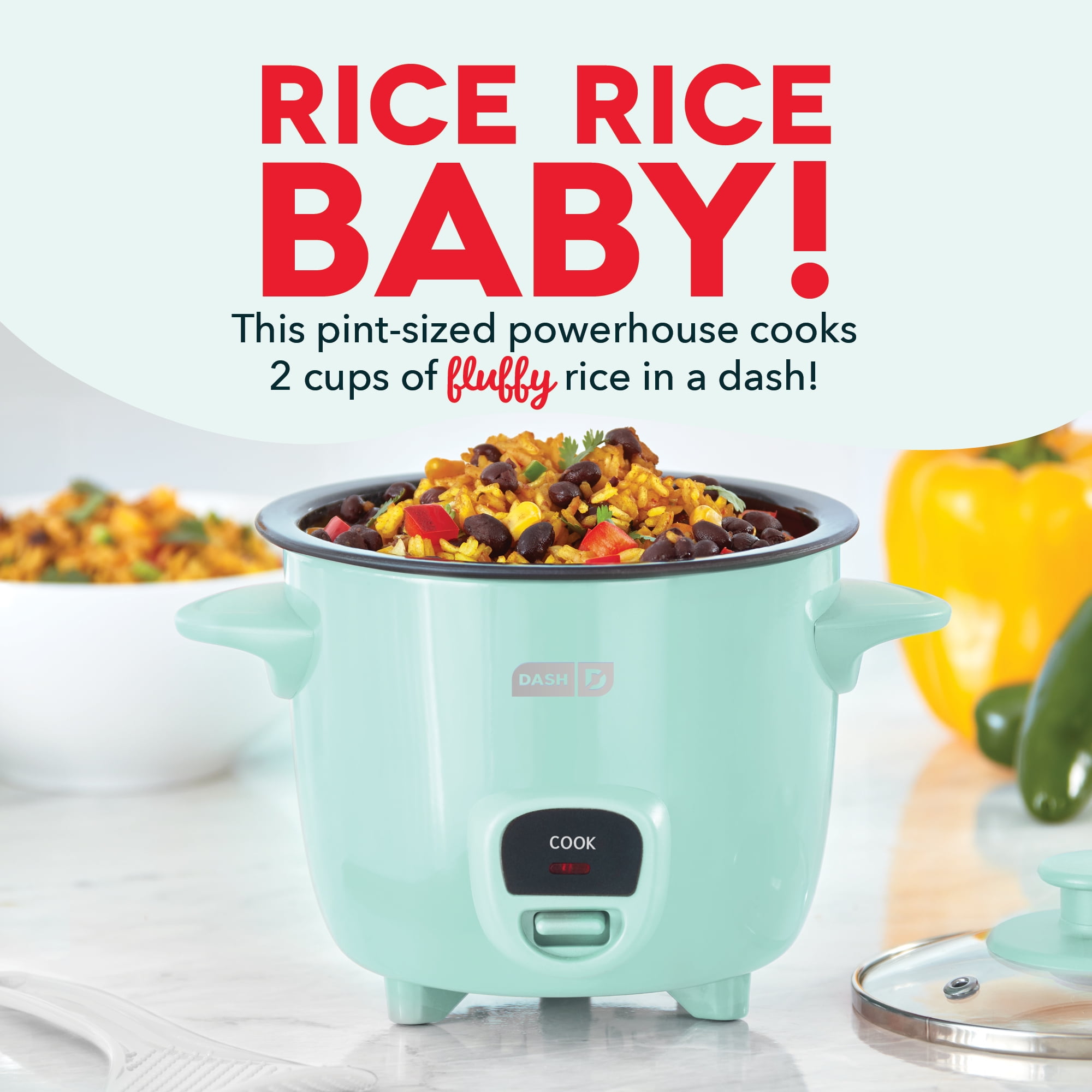 Dash 2-Cup Mini Electric Rice Cooker Aqua Nonstick Interior for