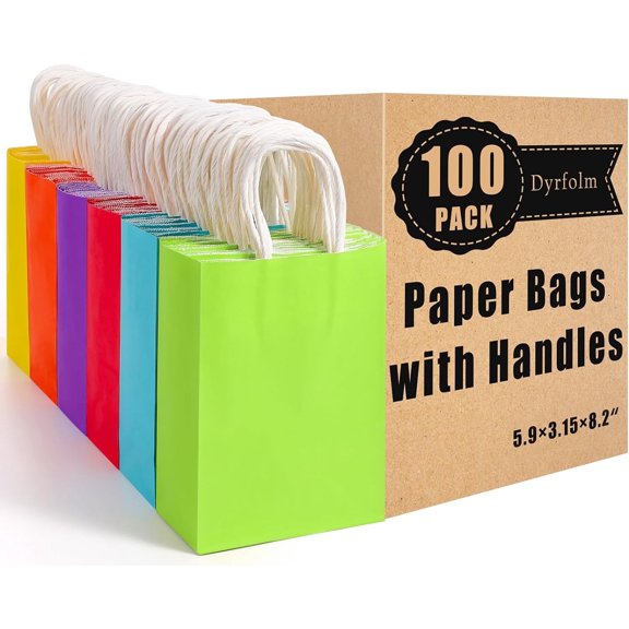 Dyrfolm 100 Pack Paper Gift Bags, Kraft Paper Party Favor Bags with Handles, Assorted Colors Gift bags with Handles, Small Goodie Bags for Kids Birthday Wedding Parties (6 Colors, 5.9"3.15"8.2")